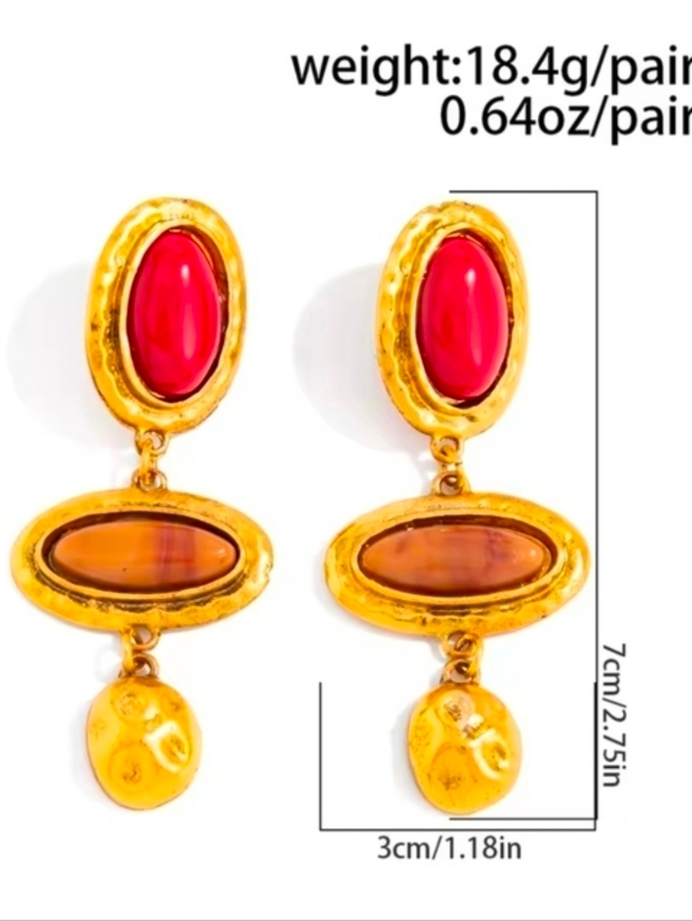 Gold Drop Earrings with Red and Brown Stones - Picture 4 of 5